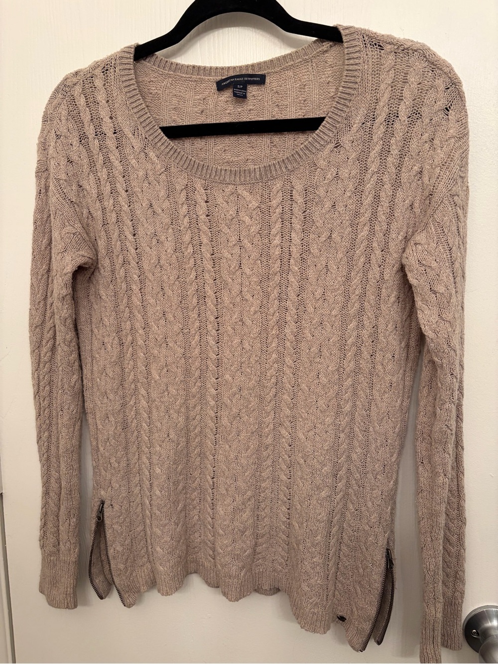 American Eagle Outfitters Taupe Cable Knit Scoopneck Sweater with Side Zips